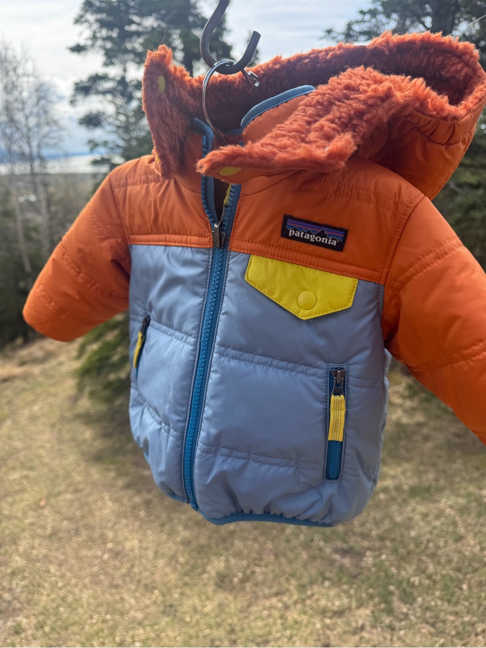 Patagonia Orange, Light Blue & Yellow Baby Puffer Jacket Reversible